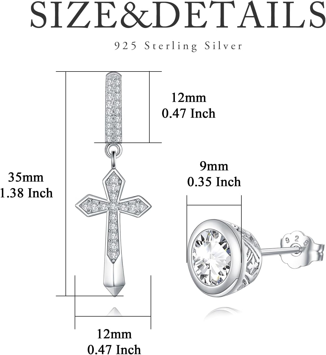 Cross Earrings 925 Sterling Silver Mismatch Cross Hoop Dangle Earrings 5A CZ Stud Earrings for Men Women