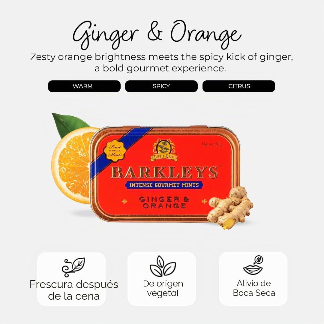 Barkleys Gourmet Mints - Ginger & Orange, 6 tins, 6-pack= 6 tins of 50g