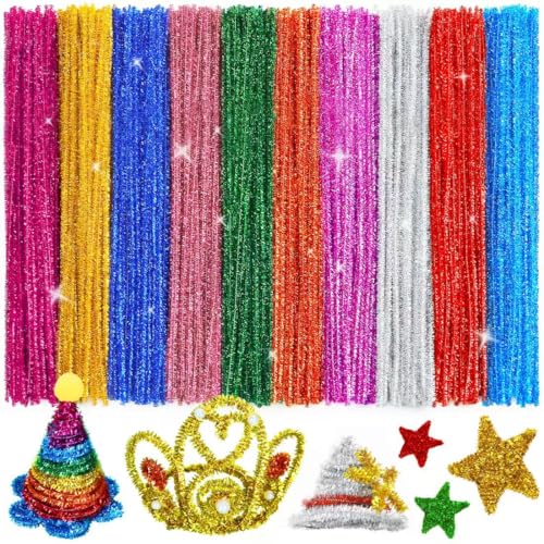 Bundooraking Glitter Pipe Cleaners for Crafts 12in Bright Chenille Stems in 10 Colors Art and Craft Supplies for DIY Projects Decorations and Creative Crafting