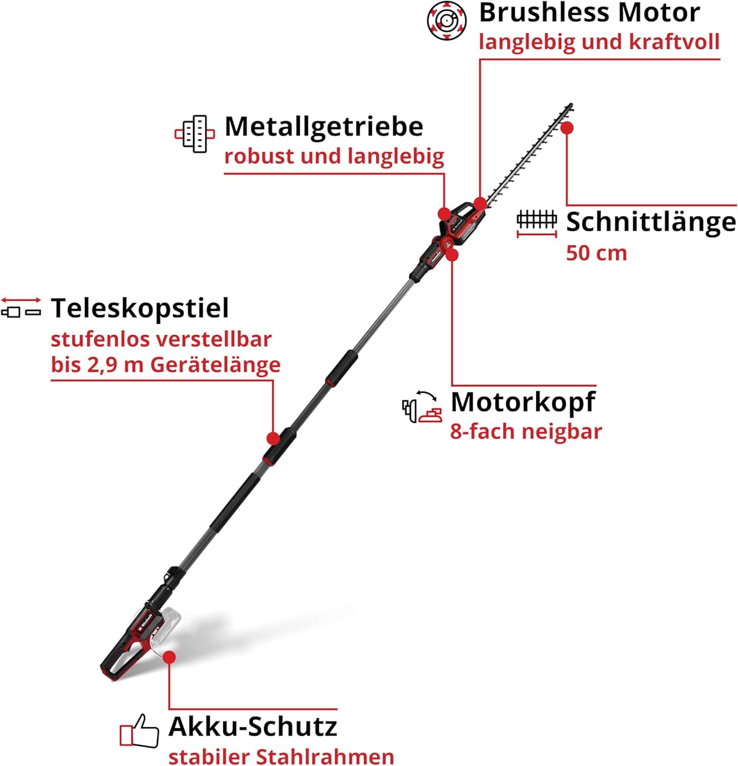 Einhell Professional Akku-Teleskop-Heckenschere GP-HH 18/50 Li T BL-Solo Power X-Change (18 V, 50 cm Schnittlänge, 25 mm Zahnabstand, Brushless, 8-Fach neigbar, ohne Akku)