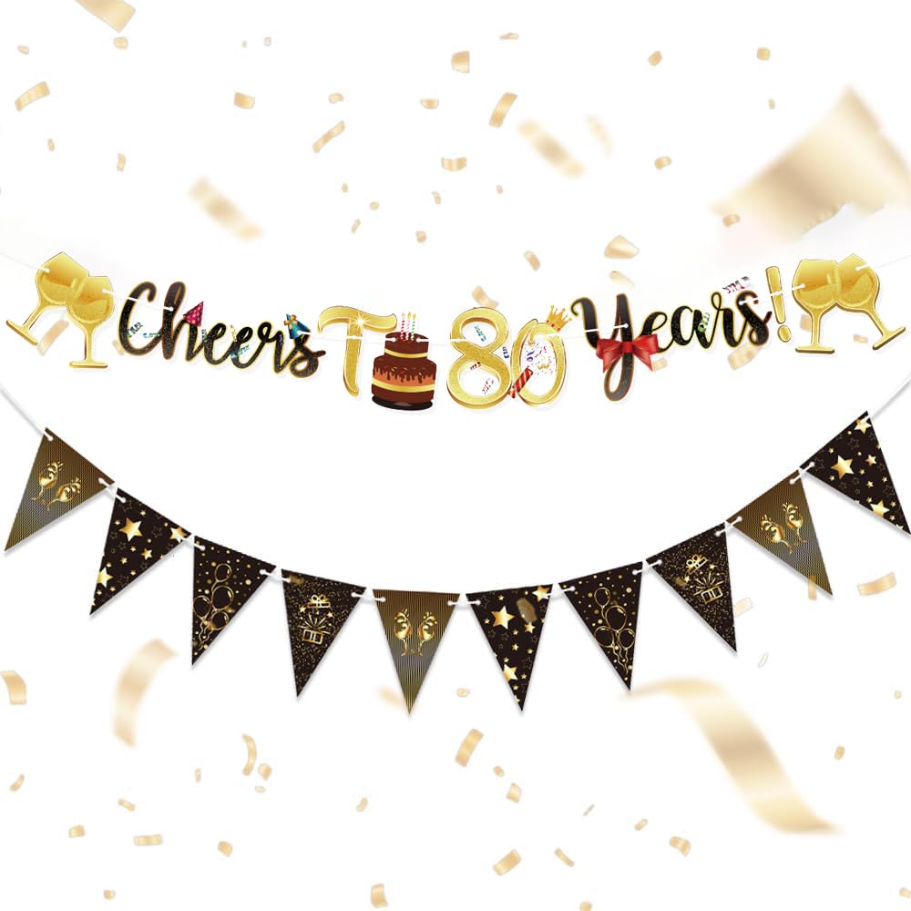 80th Birthday Banner Gold - Pre-Installed Hanging Rope for Easy Setup, Thickened Glitter Paper for Milestone Celebrations, Elegant Adult Party Decorations