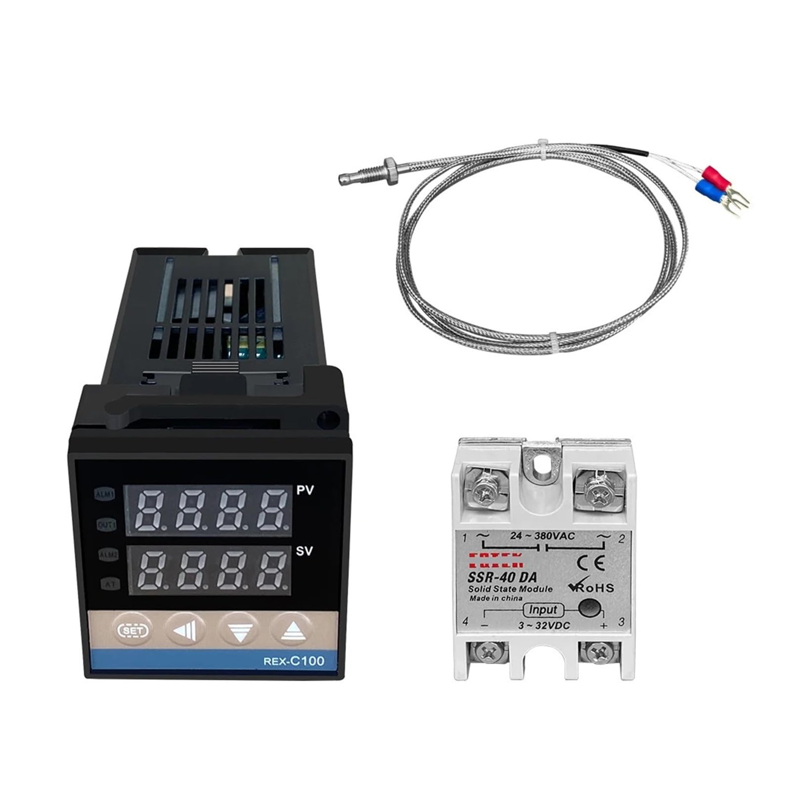 Controlador de Temperatura Controlador de Temperatura PID Digital REX-C100 Termostato Salida SSR Máx. 40 A Relé SSR Sonda termopar K(C100 Set)