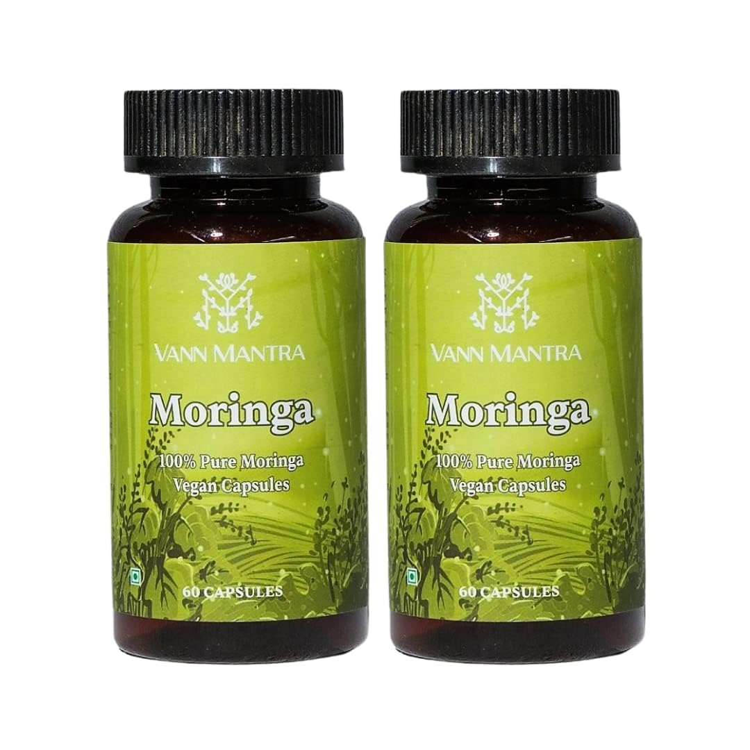 VANN MANTRA Pack of 2 Moringa Capsules (60 Capsule Each, 500mg) - Natural Oleifera Leaf Powder Supplement from Miracle Tree for Men & Women, Drumstick Leaf Capsule for Immune Support & Overall Health