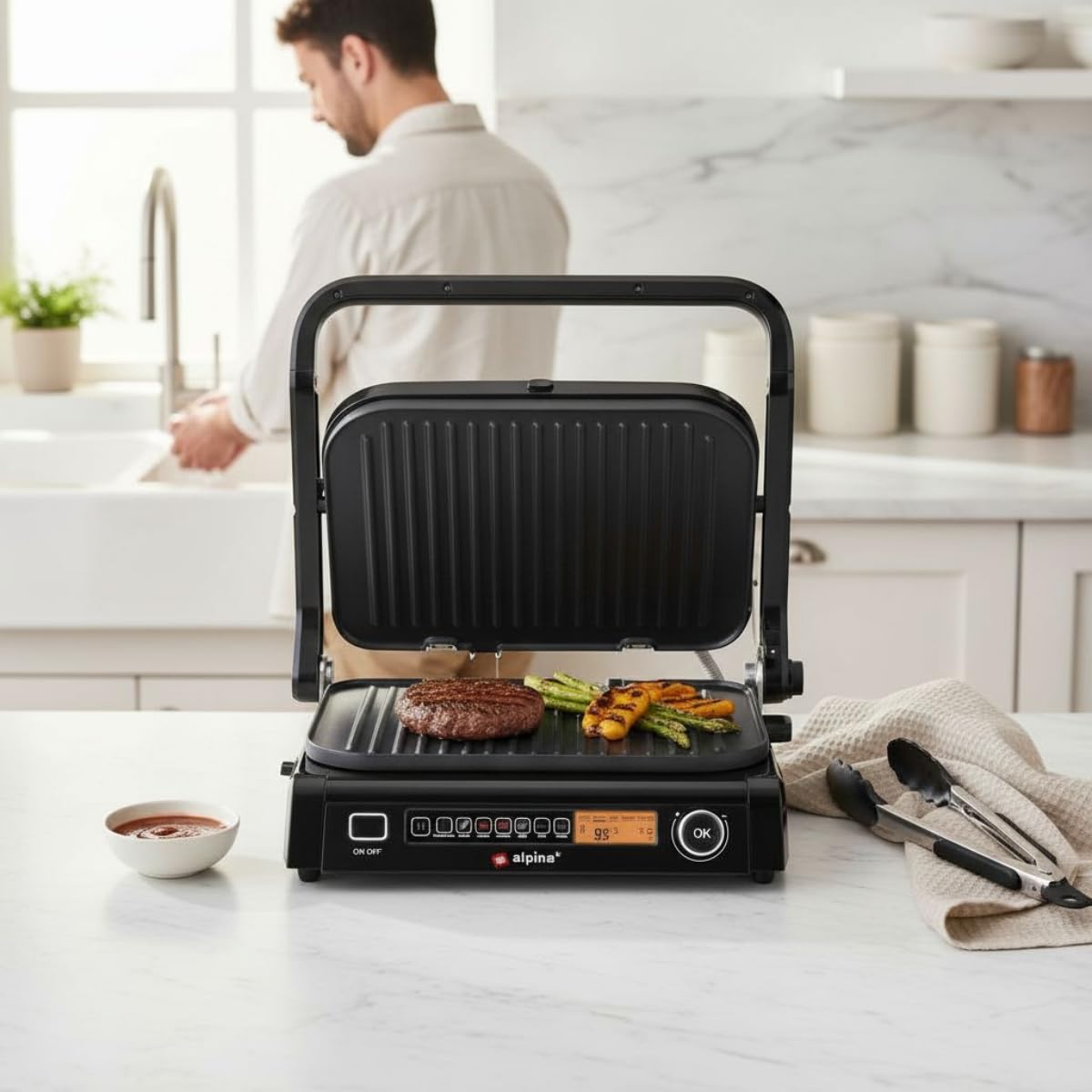 ALPINA - Grill électrique Multi fonction Panini Viande 2100W Minuterie 8 réglages Cuisson intelligente Plaque Anti-adhésive