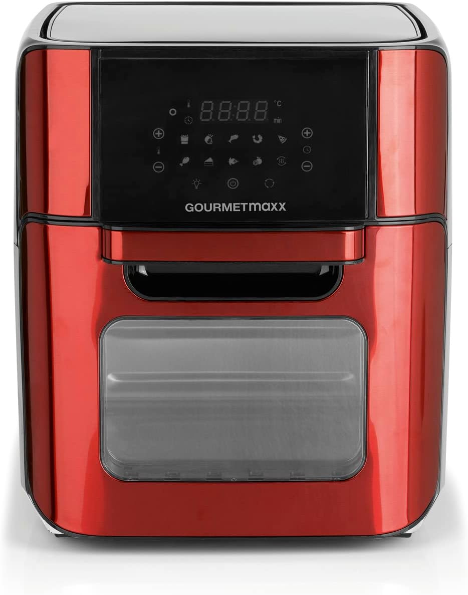 GOURMETmaxx Friggitrice digitale XXL ad aria calda 12 litri in acciaio inox | Friggitrice senza grassi, accessori lavabili in lavastoviglie | Design elegante, funzioni versatili, timer [rosso metallizzato]