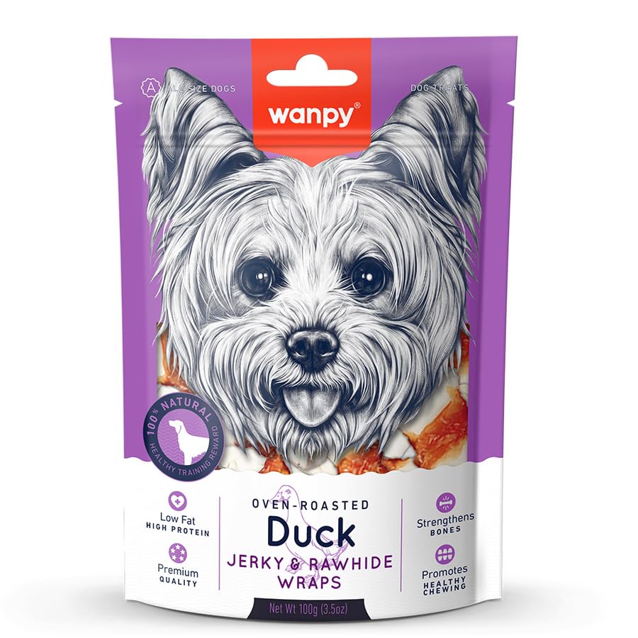 Wanpy Duck Jerky e Rawhide Wraps 600Gr Snack Osso Di Anatra e Pelle Non Conciata (6 Confezioni da 100Gr) 100% Natural