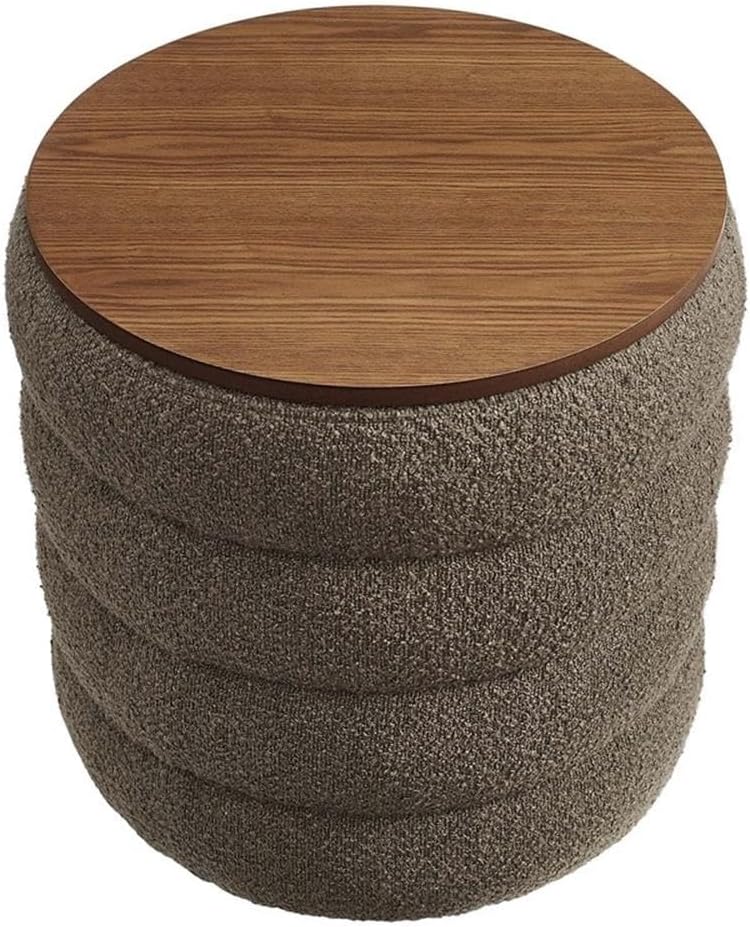 Modway Mezzo Round Boucle Fabric Storage Ottoman Stool in Pebble - Channel Tufted Ottoman - Upholstered Footrest - Versatile End or Side Table with Storage