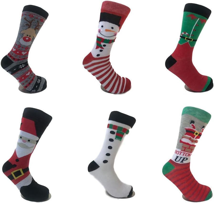 6 Pairs Mens' Novelty Fun Character Christmas Socks, Stocking Fillers or Gifts
