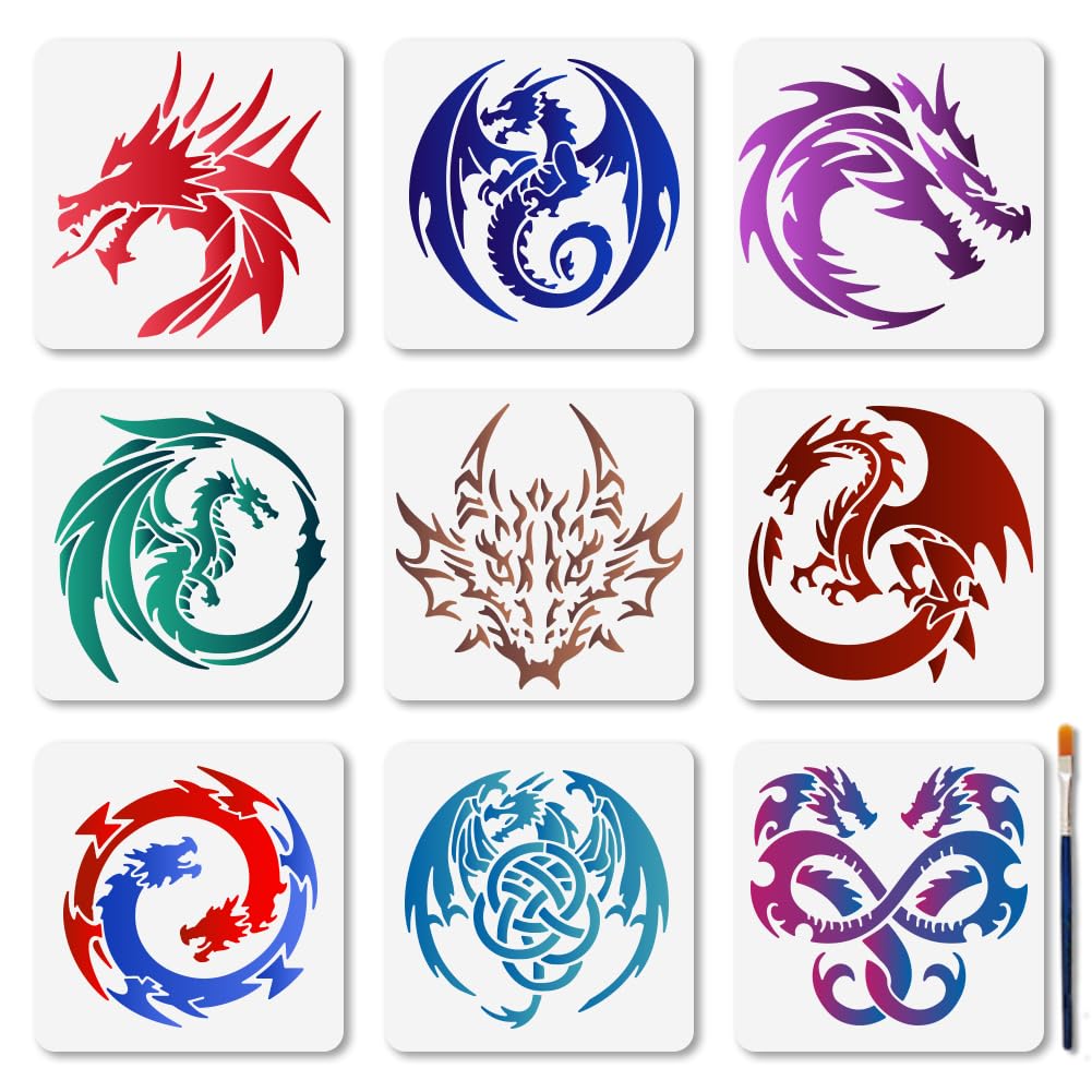 MAYJOYDIY Dragon Stencil Set, 9Pcs 15×15cm, Reusable Flying Dragon Painting Templates with Paint Brush for Window Wood Wall Album Paper Decoration