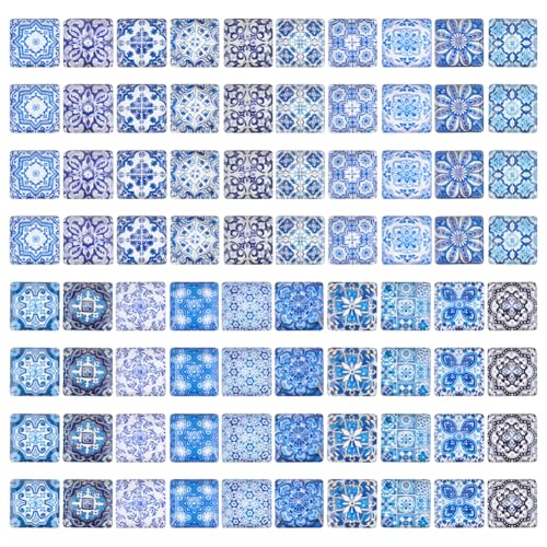 PH PandaHall 20 estilos, 80 cabujones cuadrados de cristal de 15 mm, diseño de flores, azulejos de mosaico, cabujón azul y blanco, parte trasera plana, cabujones para marcos de fotos, macetas, aretes