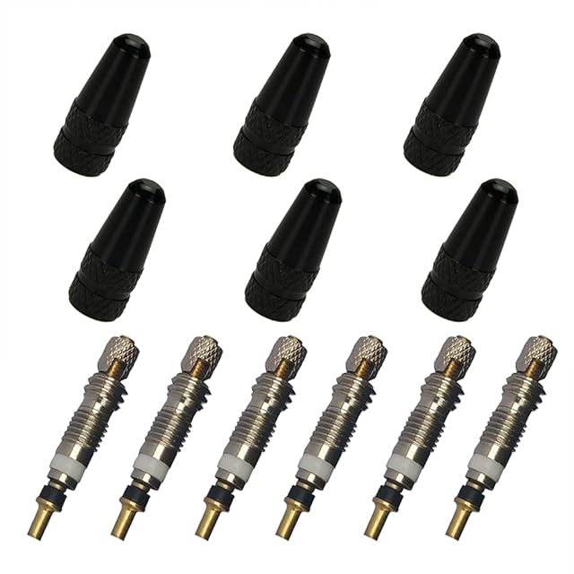 Pirhosigma 6 PCs Presta Tubeless No Tube Valve Stem Core Copper Universal Accessory replacement + 6 pcs Black Metal Bike Bicycle Road Racing Coloured Valve Cap Dust Covers