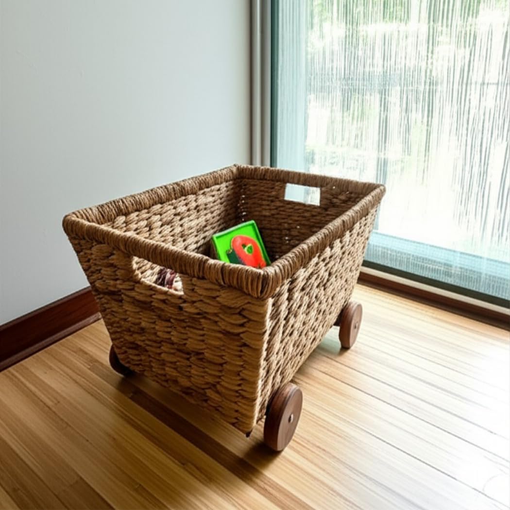 Wicker Toys Storage with Removable Wheels, Set of 2, Heavy Duty Hyacinth Storage Baskets for Organizing, Storage Woven Basket, Rattan Basket, Toys Storage (Water Hyacinth)