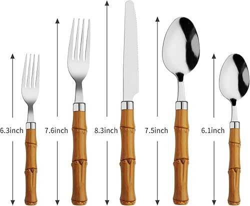 Miniatura 2 de Juego de cubiertos de bambú de 20 piezas, juego de cubiertos de mango de plástico para 4, cubiertos de acero inoxidable que incluye cuchara y