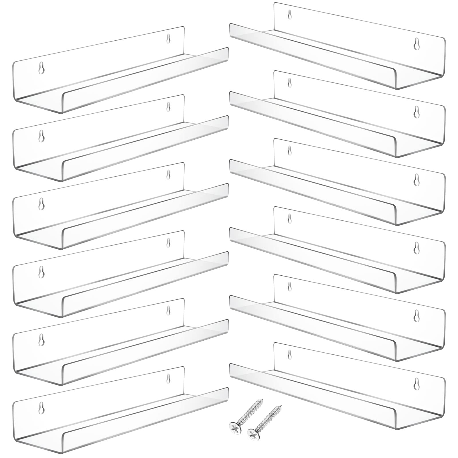 Reginary 12 Pieces Acrylic Floating Shelf 15 Inch with Mounting Kit Wall Ledge Bookshelf for Wall Mounted Book Display Shelves Storage Shelves Display Organizer for Toy Nursery(White)