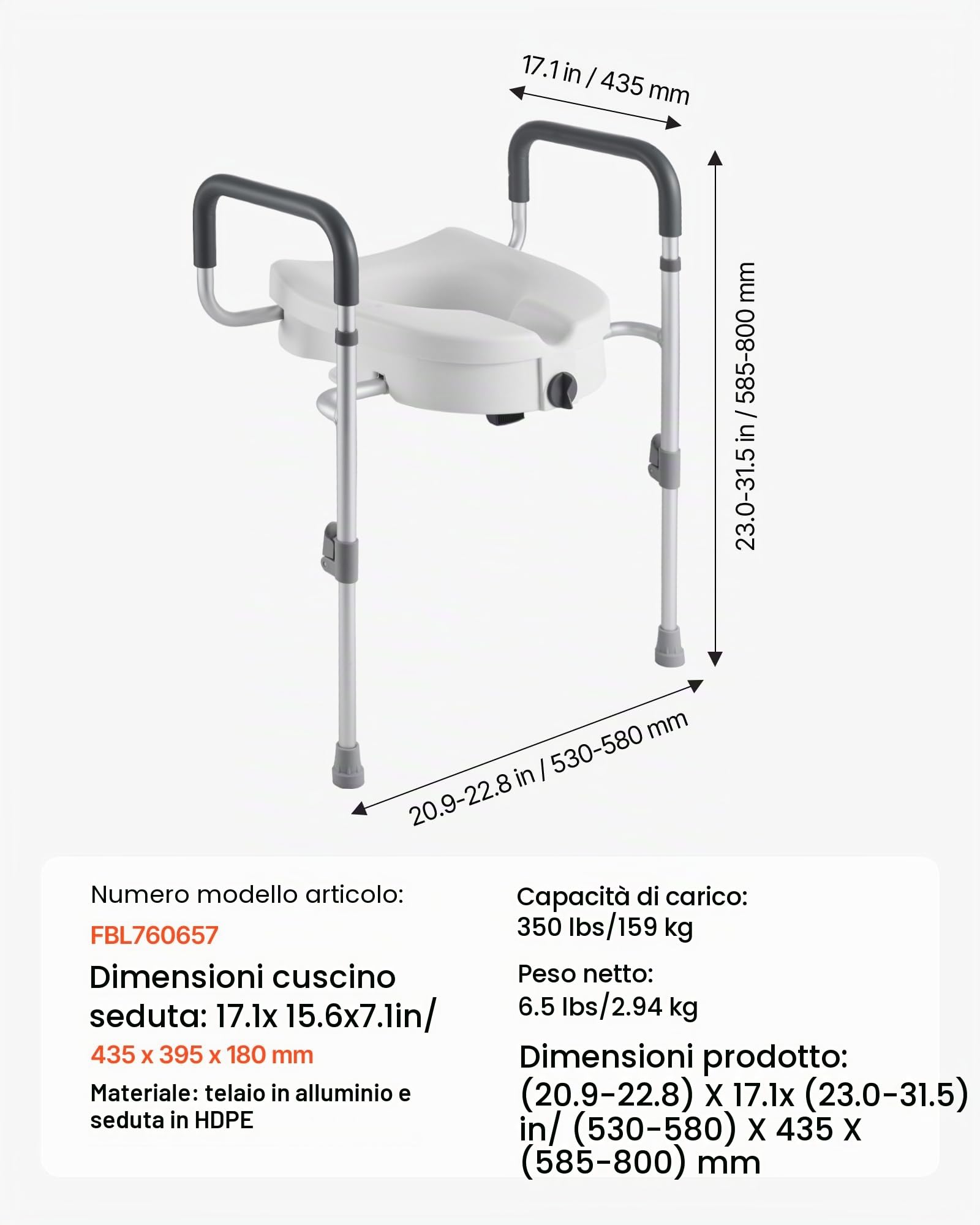 VEVOR Sedile sollevabili di ausilio mobilità con braccioli, capacità di carico di 159 kg, altezza di sollevamento di 127 mm e telaio in alluminio, sedile WC rialzato per anziani e adulti disabili
