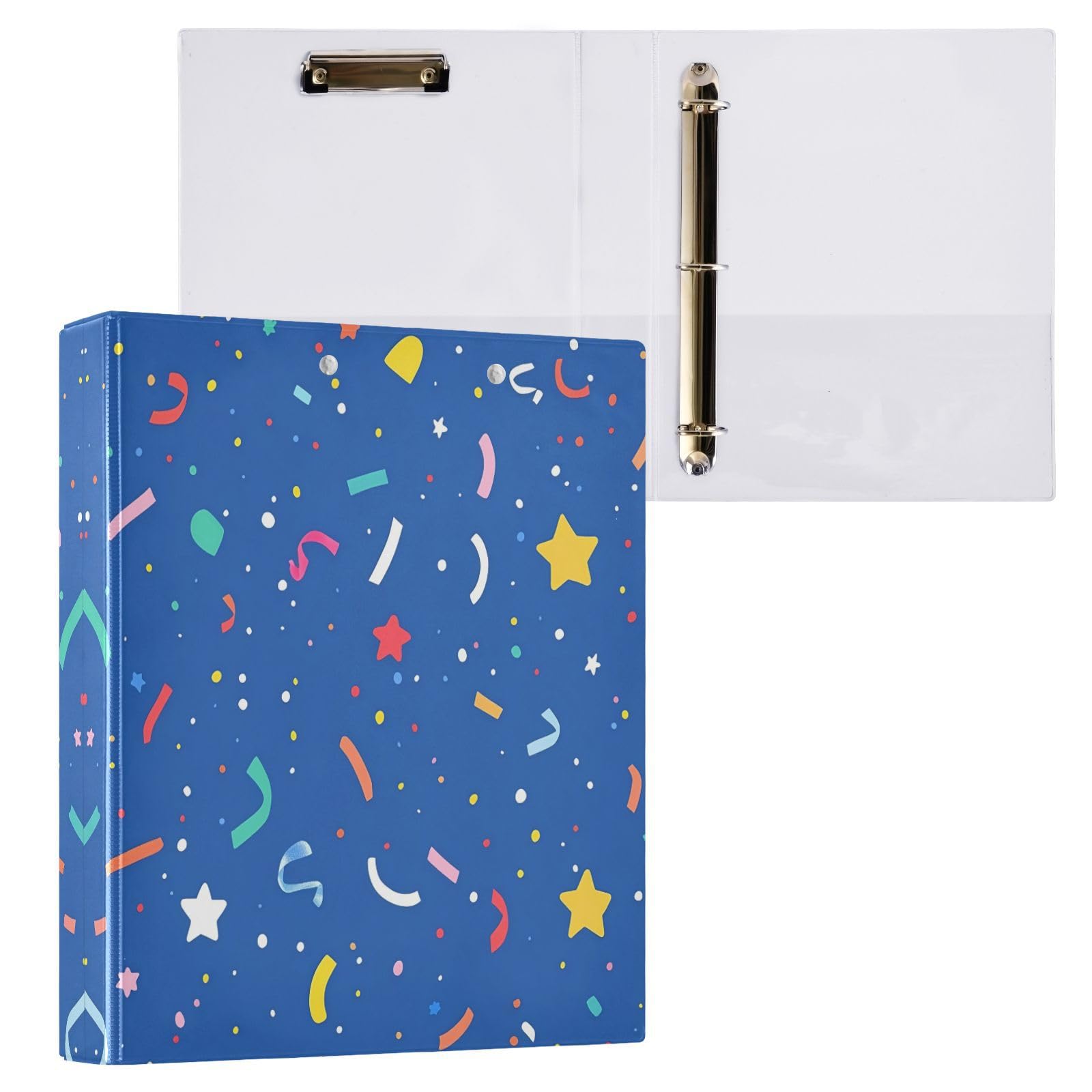 Carpetas de 3 anillos de 1.5 pulgadas con diseño de confeti colorido y redondo con clip de metal, organizador A4 para el hogar y la oficina, paquete de 2