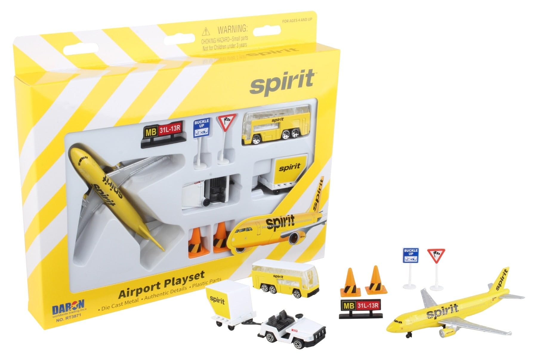 Daron Spirit Airlines Airport Playset with Die-Cast Metal Model Airplane with Plastic Parts, Cars and Transportation Toys for Kids Ages 3+