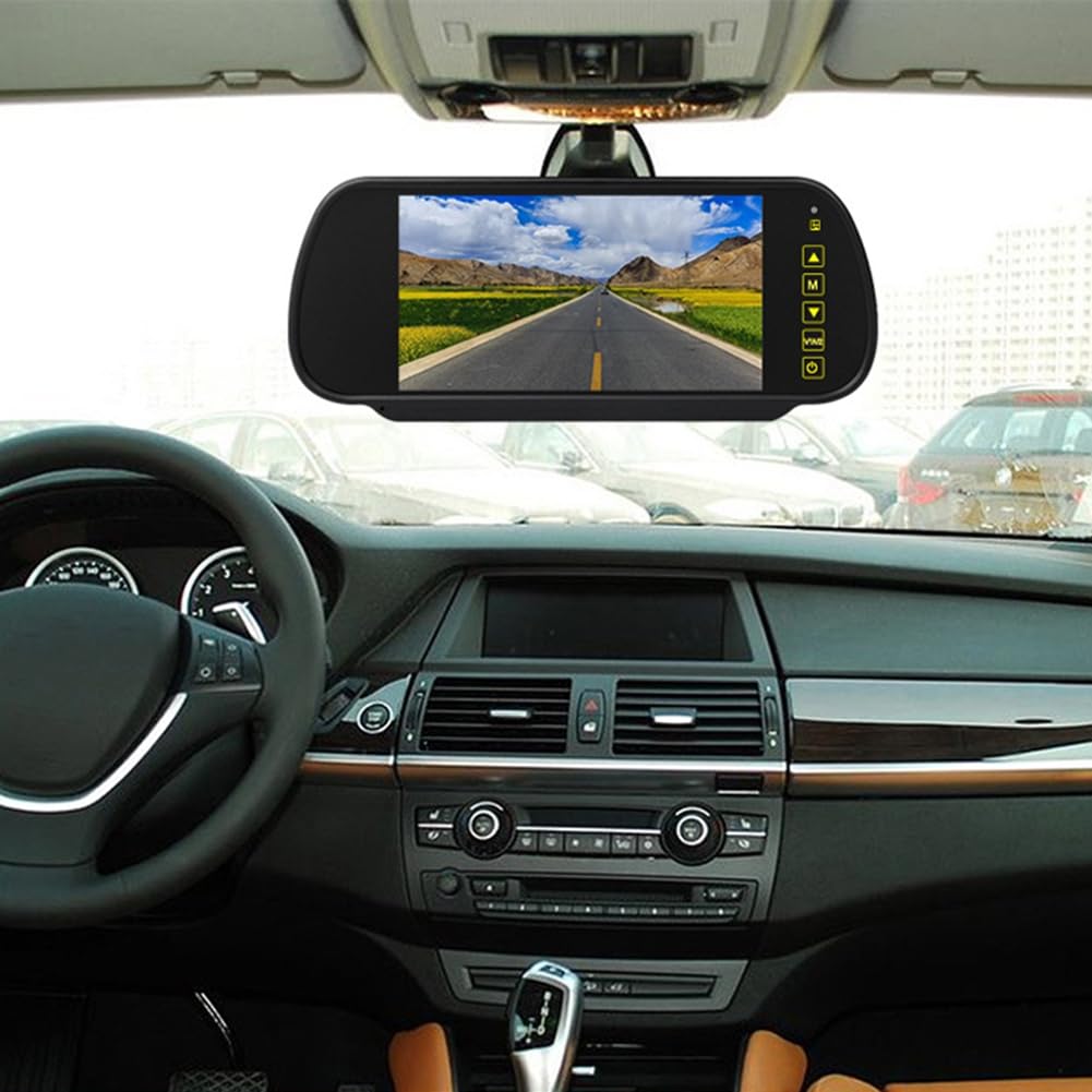 Monitor LCD per Auto da 7 Pollici con Specchietto Retrovisore, Schermo di Parcheggio, 2 Ingressi AV, Display Automatico per Assistenza Alla Telecamera Posteriore, Facile da Usare, Resistente