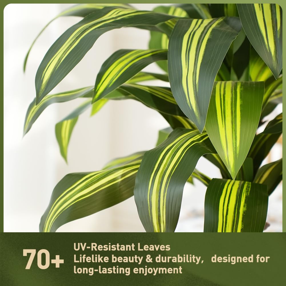 VeriNatural Künstlicher Drachenbaum 180 cm Kunstpflanzen Groß - UV-beständige künstliche Pflanze mit 96 Blättern, Braun Topf & Flusssteinen - Deko Pflanze für Wohnzimmer Büro Indoor Outdoor, VN127 | Kunstpflanzen Groß mit 76 Blättern & Flusssteinen Deko K