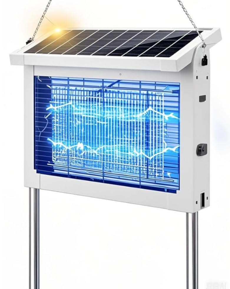 Dnenellr Lampada Antizanzare Solare, Zanzariera Elettrica 4500V da Esterno con Sensore del Pannello, Anti Mosche Elettrico Impermeabile, Ideale per Patio, Giardino e Campeggio (Bianco)