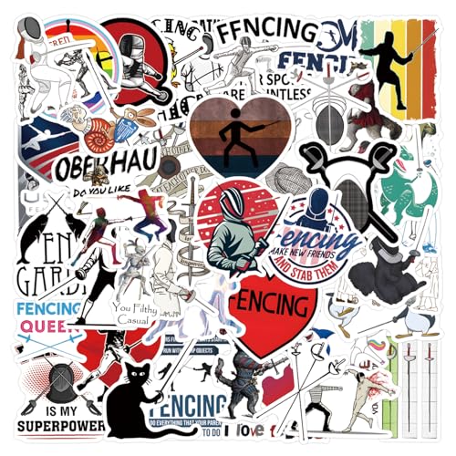 Fencing Stickers for Boy,55pcs Cute Fencing Gifts Sports Stickers for Kids Teens Adults, Sports Party Favor Waterproof PVC Decals for Water Bottle Laptop Skateboard Bicycle Suitcase Phone Case