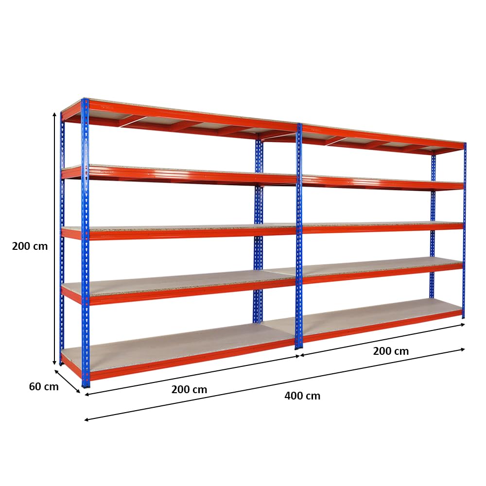 PROREGAL Mega Deal 2X Profi Schwerlastregal Bison, HxBxT 200x200x60cm mit Fachlast 600kg, 5 Fachböden, Blau-Orange, Steckregal Garagenregal Lagerregal Werkstattregal Weitspannregal