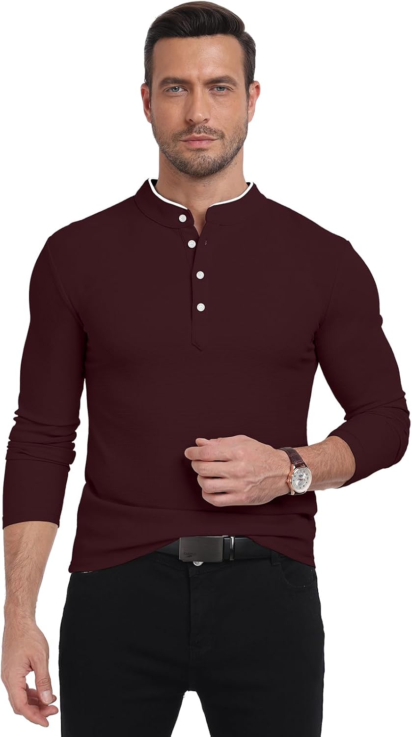 KUYIGO Men's Long Sleeve Slim Fit Mandarin Polo Shirts Waffle Button Fashion Casual Tops T-Shirt - Image 4