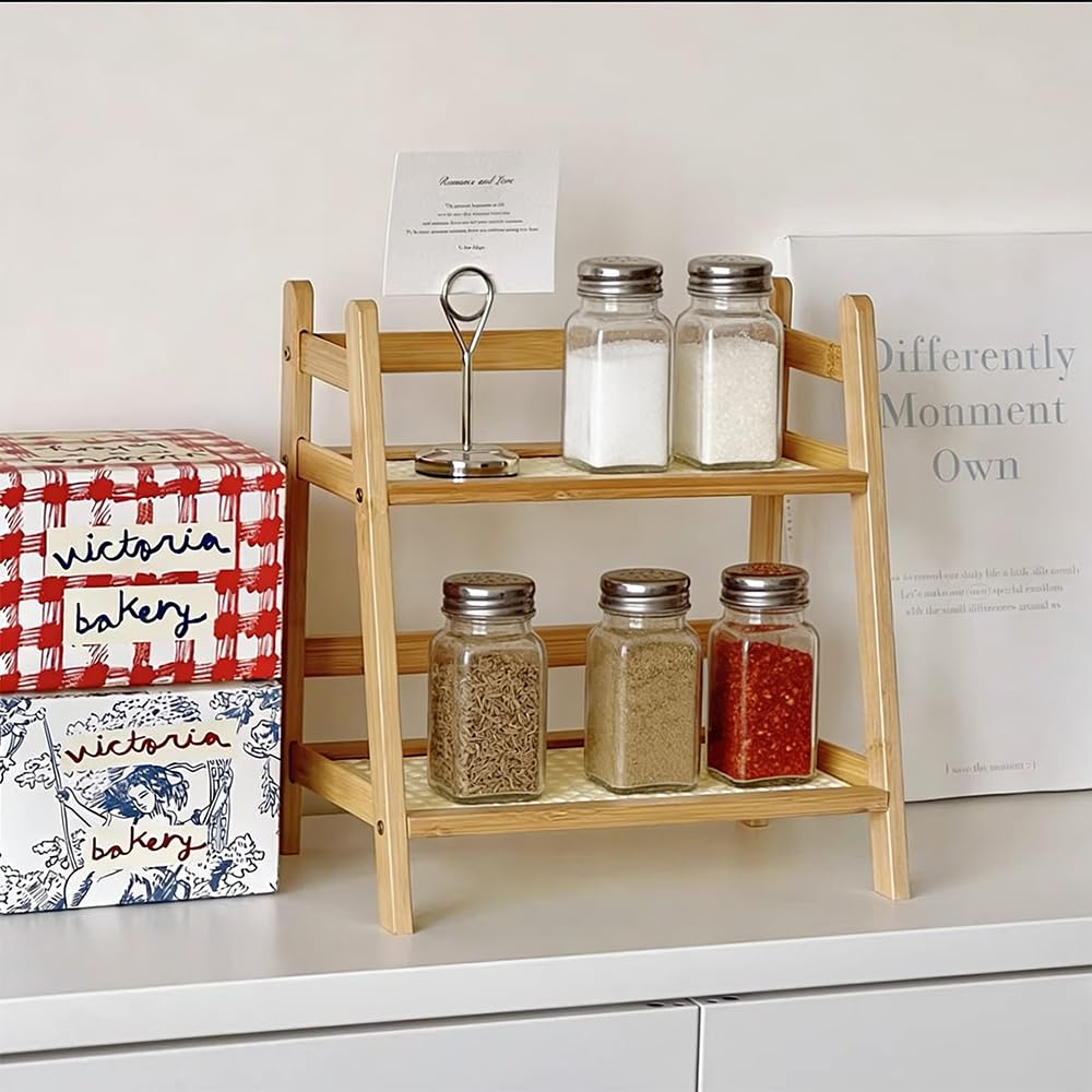 Organizer da Cucina a 2 Ripiani per Tè, Porta Tazze,Soggiorno | Organizer da Cucina in Bambù Imitazione Rattan, Supporto per Tazza da Caffè, Contenitore per Tazza di Caffè