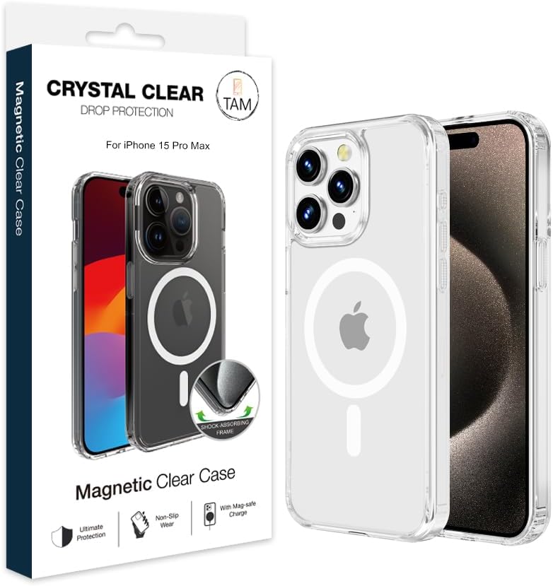 TAM iPhone 15 Pro Max Case, Compatible with MagSafe, Grade A+ Protection, Yellowing Resistant, Scratch-Resistant Back, Magnetic Phone Cover for iPhone 15 Pro Max, Classic Series, Clear