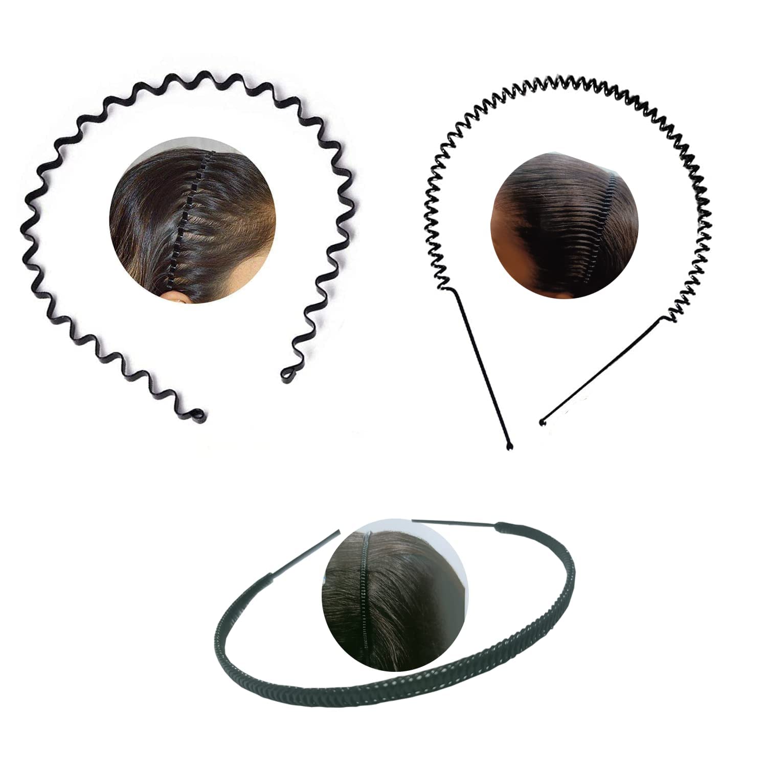 brenzafab 3 Pcs Black Flexible Metal Wavy, Spring And Chain Simple Hair Band Hair Hoop Hairband Daily Use For Unisex Men Women-picture-14