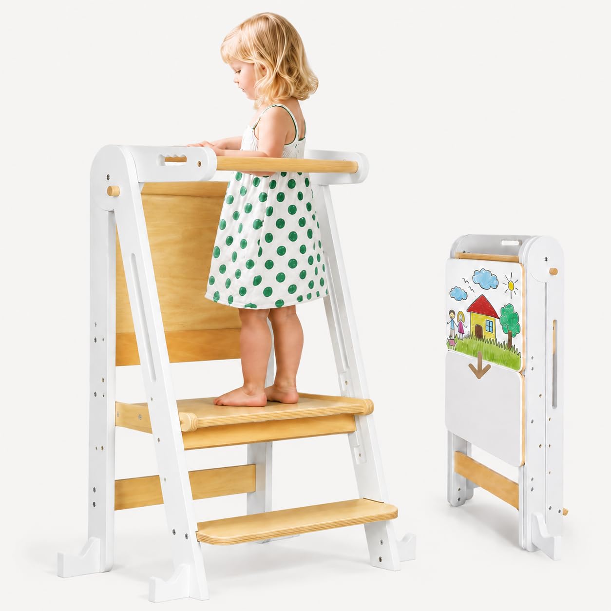 Lernturm ab 1 Jahr | 2 in 1 Learning Tower für Kinder | Klappbare Tritthocker mit Reißbrett | Lernturm Für Kinder, für Küche Tisch Bad