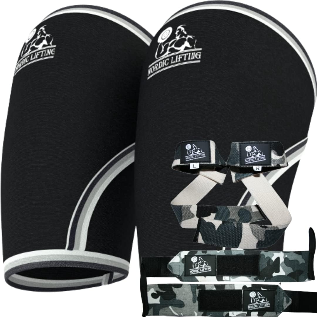 Elbow Sleeves XLarge Bundle with Wrist Wraps & Lifting Straps Bundle - Camo Grey