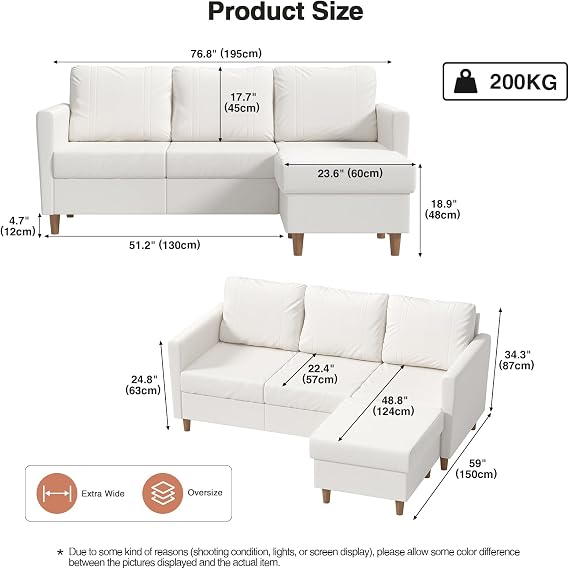 3 Seater Sofas Modern Love Sofa Couch with Thick Cushions and 2 Pillows Corner Sofa with Storage and Footstool for Living Room, Bedroom, Guest Room, Grey 195 x 150 x 87 CM