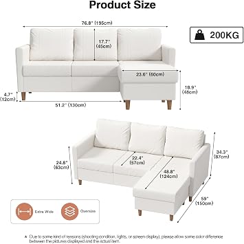 3 Seater Sofas Modern Love Sofa Couch with Thick Cushions and 2 Pillows Corner Sofa with Storage and Footstool for Living Room, Bedroom, Guest Room, Grey 195 x 150 x 87 CM