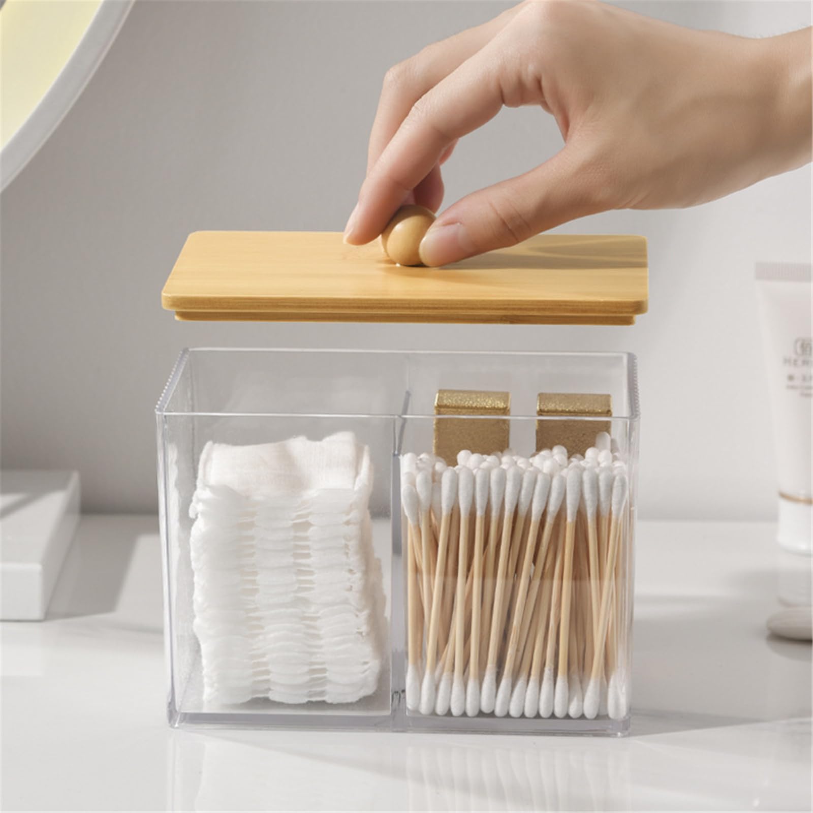 Boîte Rangement Salle De Bain Avec Couvercle Bois - Organisateur Cotons-tiges, élastiques