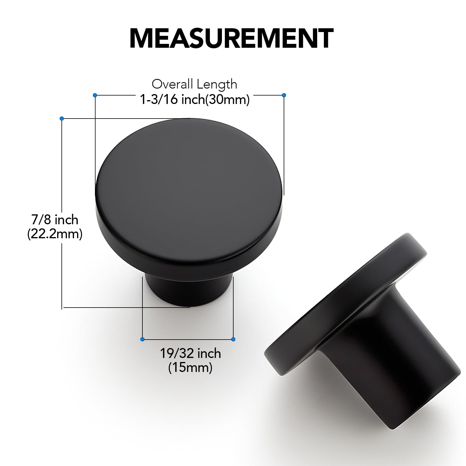 A set of HOME EDIT 10 Pack Black Cabinet Knobs, showcasing their compact 1.18-inch size and modern matte black finish.
