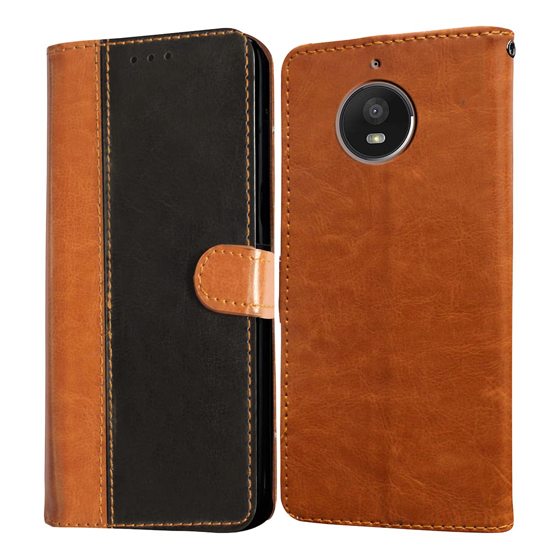 CasotecCasotec Flip Cover for Motorola Moto E4 Plus | Premium Leather Finish | Inbuilt Pockets & Stand | Flip Case for Motorola Moto E4 Plus (Camel and Black)