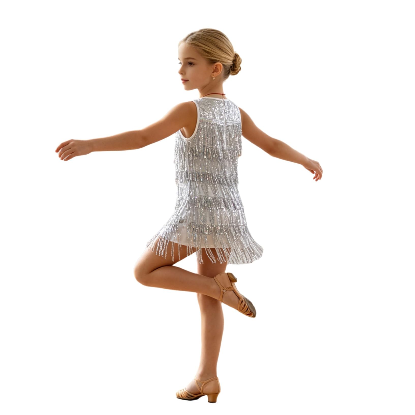 Kaerm Vestito Ballo Latino Bambina Abito da Ballo Latino Americano Bambina Vestito Danza Latina Bambine con Strass E Pennacchi con Sequine