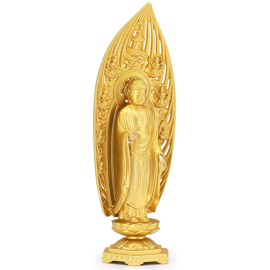 仏字檀木『阿弥陀仏』応接間 書斎 仏堂 装飾品 工芸品 置物 木彫り仏像-小仏 三十三間堂形【阿修羅像】 柘植 金泥仕様 模造