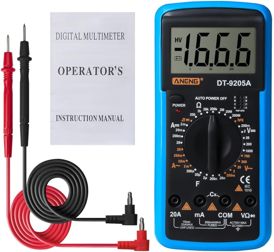 DT-9205A Multimeter with included test leads and manual