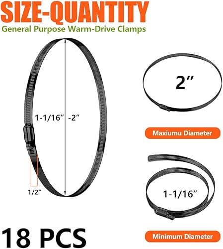 Miniatura 20 de BOTTEN Abrazaderas de manguera negras de 8 piezas, 3 pulgadas (2.559-3.504 in) 304 abrazaderas de manguera de engranaje helicoidal ajustables