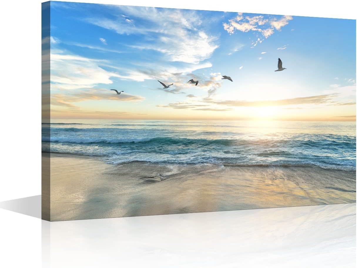 Wall Art Sunset Seaside Natural Scenery XL Large Painting on Canvas Stretched and Framed Canvas Paintings Ready to Hang for Home Decorations 24x36inch (60x90cm)