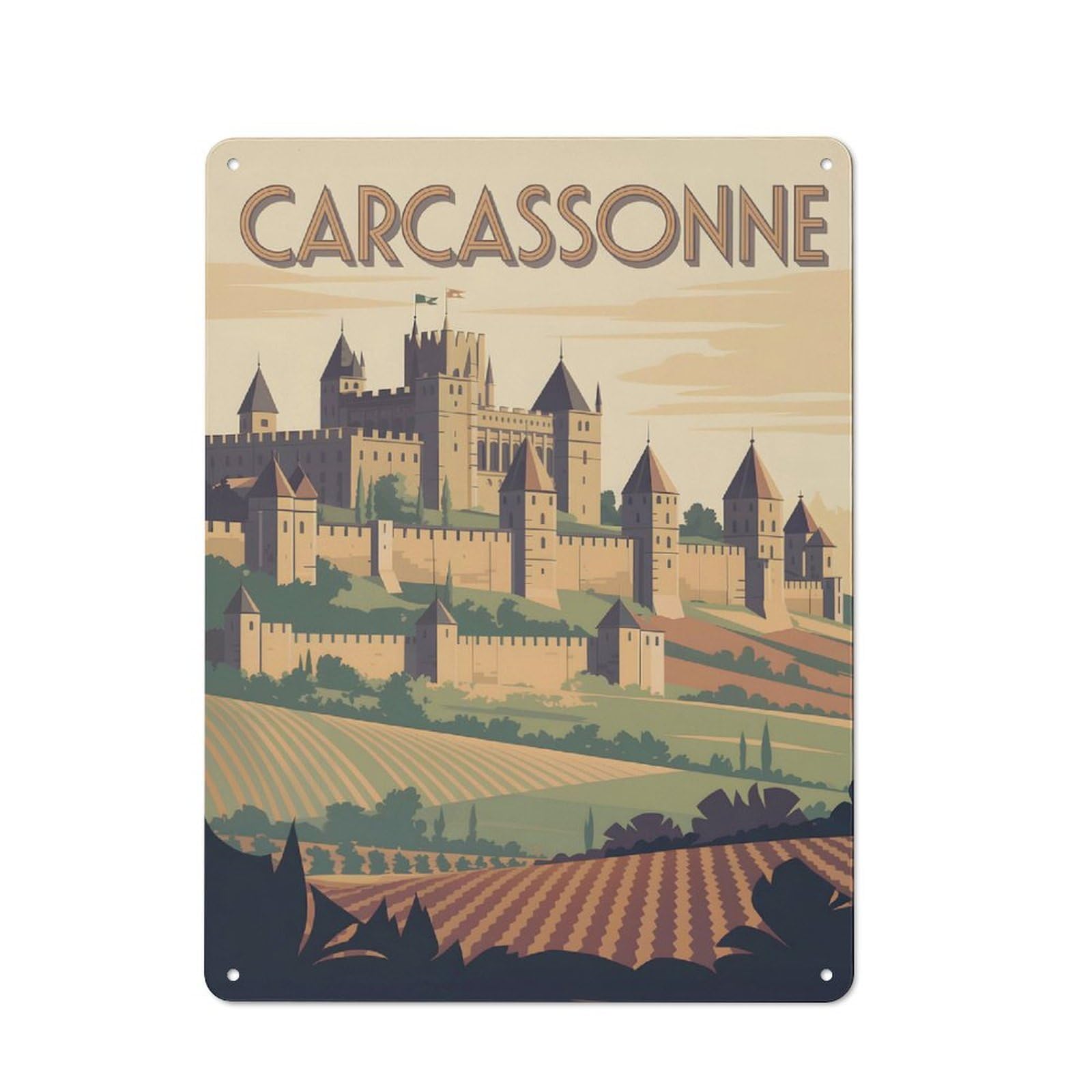 Casual Carcassonne Castle Travel Shed Metal Sign 40x30cm, Utility Space Decor for Shed, Garden Room, Porch Or Garage