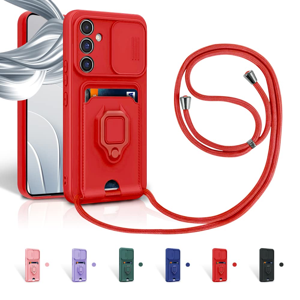 Funda con Cuerda para Samsung Galaxy A56 5G Case con Ranura para Tarjetas,360 Anillo función de Soporte Cubierta -Rojo