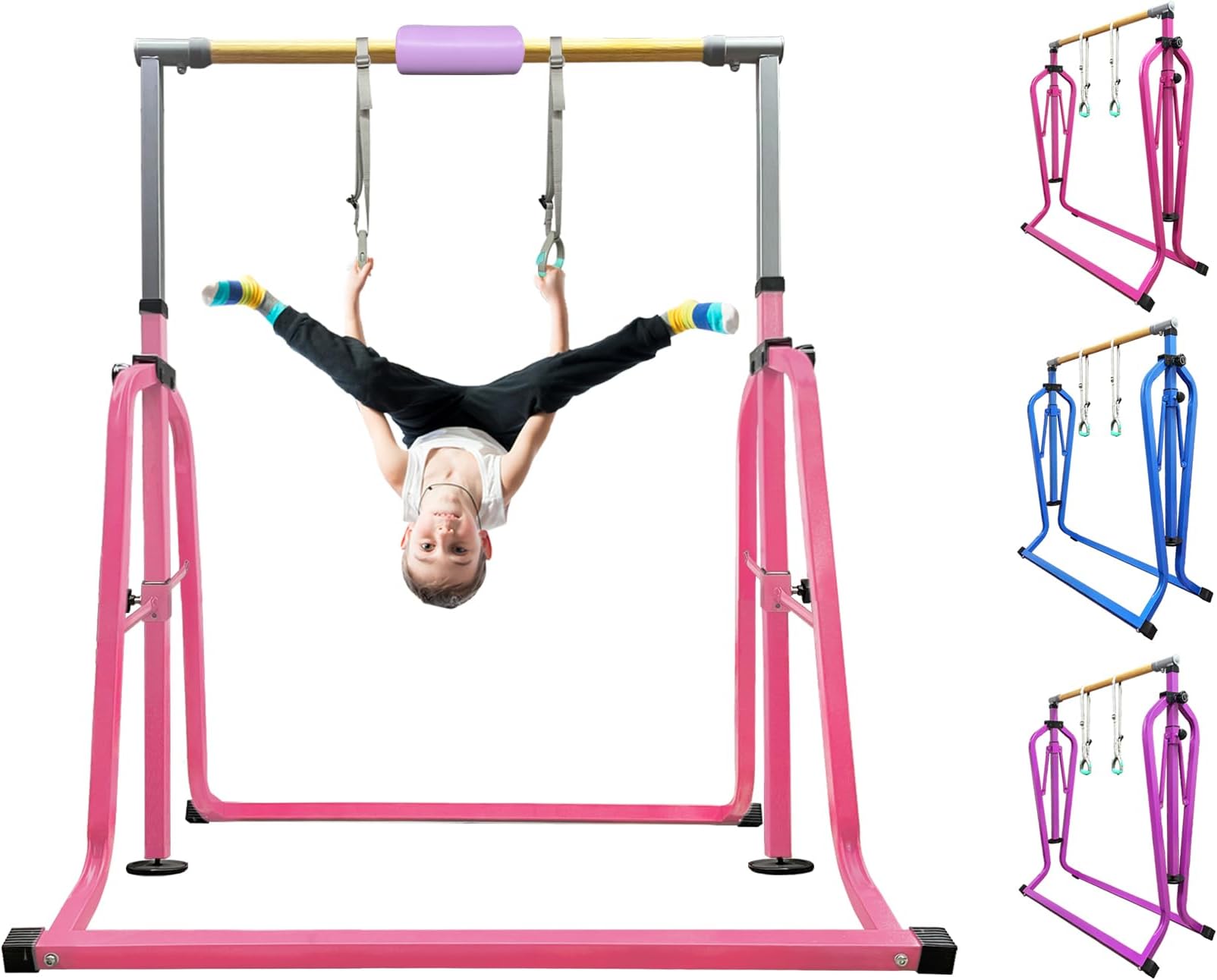 Foldable & Moveable Gymnastics Horizontal Bar with Rings,3’to 5’Adjustable Height Expandable Junior Kip Bar for Home,Indoor Gym Equipment for Kids (Foldable Light Pink with Rings)