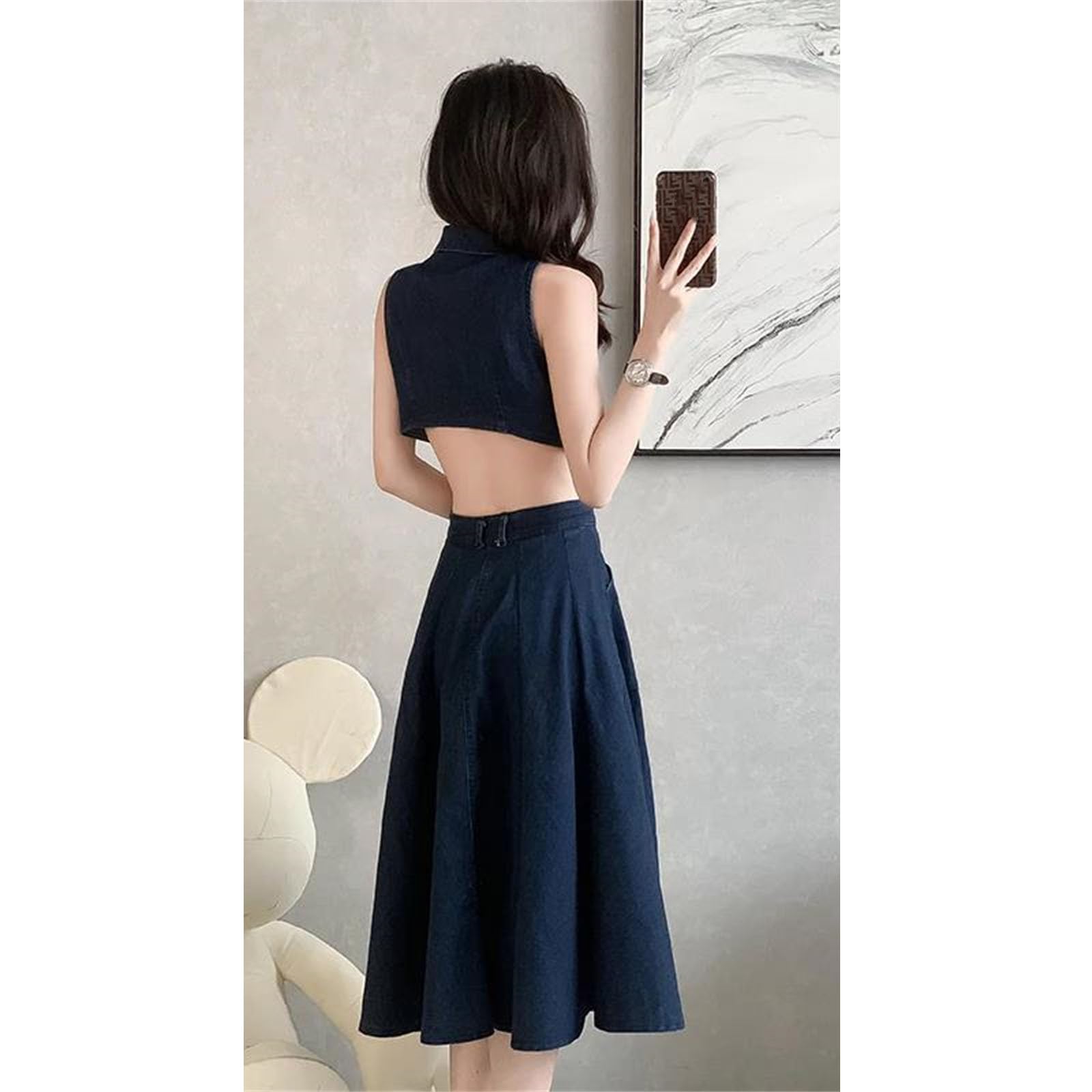 Vestido de mezclilla para mujer, cuello vuelto, cintura alta, casual, vestido de verano