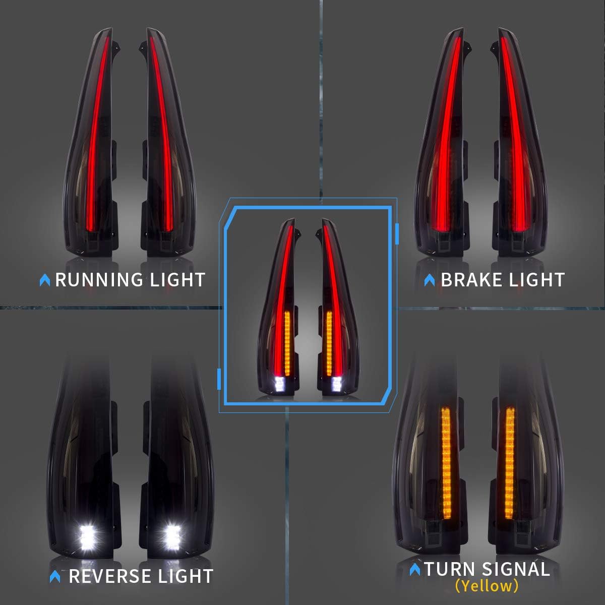 VLAND Led Tail Lights Compatible with Chevy Tahoe Suburban GMC Yukon 2007-2014, Full Led Rear Lamp Assembly w/Yellow Turn Signal, 5 Pins with 5 Holes Smoked/Tinted Lens