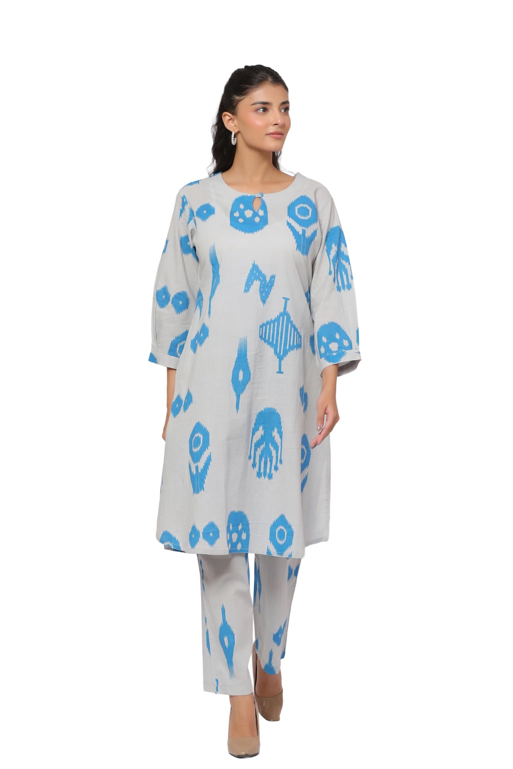 French Grey Classic Ikat Cotton Co-ord Set for Women-image-16