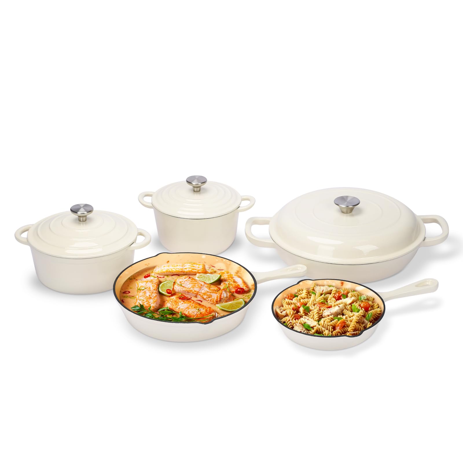 GFTIME Antihaft Emaille Gusseisen Kochgeschirr Set, 8 teiliges Töpfe und Pfannen mit Deckel, Bratpfanne, Schmortopf, Soßentopf, Runder Dutch Oven für Brotbacken auf allen Herdarten, Weiß