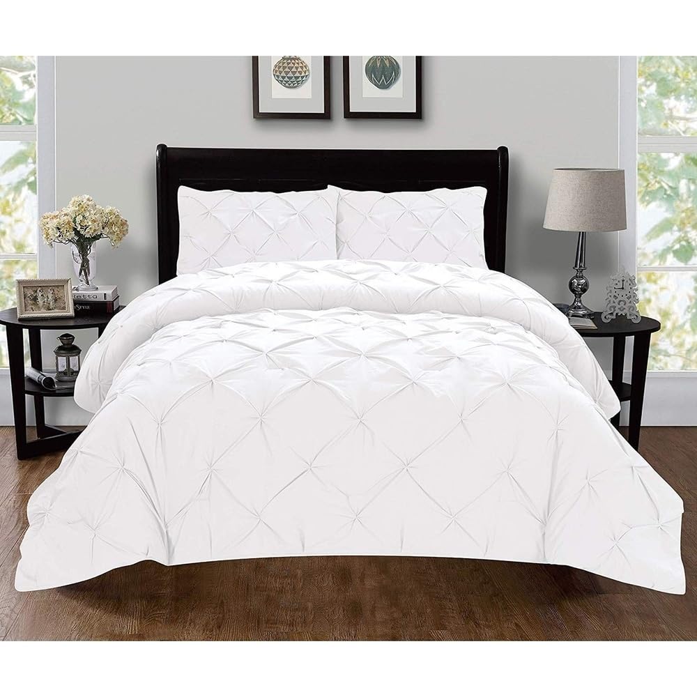Silky Soft 3 Piece Pretty Pleated Pintuck Tufted Design Boho Duvet Cover Full/Queen - King Size | All Seasons Bright White Color Shabby Chic Bedding Aesthetic Luxury Look Stain Wrinkle Free
